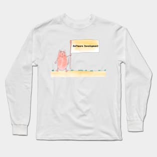 Software Development. Profession, work, job. Cat shows a banner with the inscription. Watercolor illustration. A gift for a professional. Long Sleeve T-Shirt